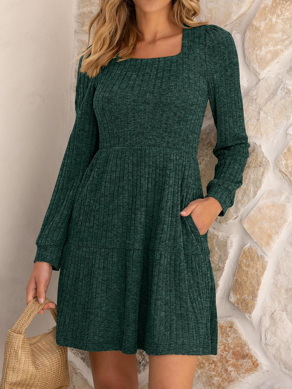 imageANRABESS Womens Long Sleeve Fall Dress 2025 Square Neck Casual Ribbed Knit Comfy Soft Short Sweater Dresses with PocketsGreen