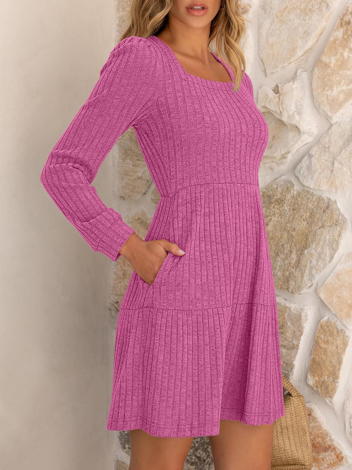 imageANRABESS Womens Long Sleeve Fall Dress 2025 Square Neck Casual Ribbed Knit Comfy Soft Short Sweater Dresses with PocketsHot Pink