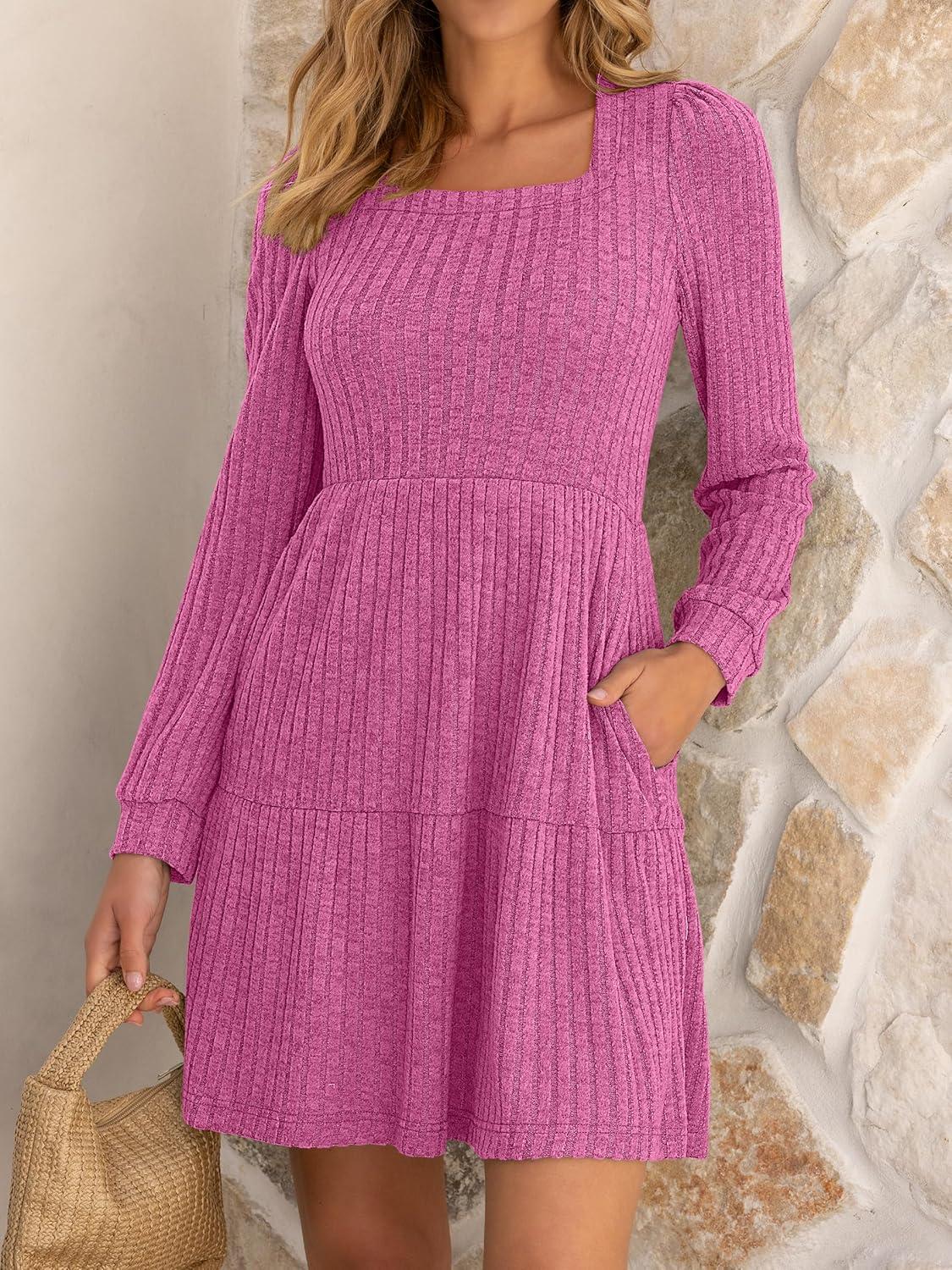 imageANRABESS Womens Long Sleeve Fall Dress 2025 Square Neck Casual Ribbed Knit Comfy Soft Short Sweater Dresses with PocketsHot Pink