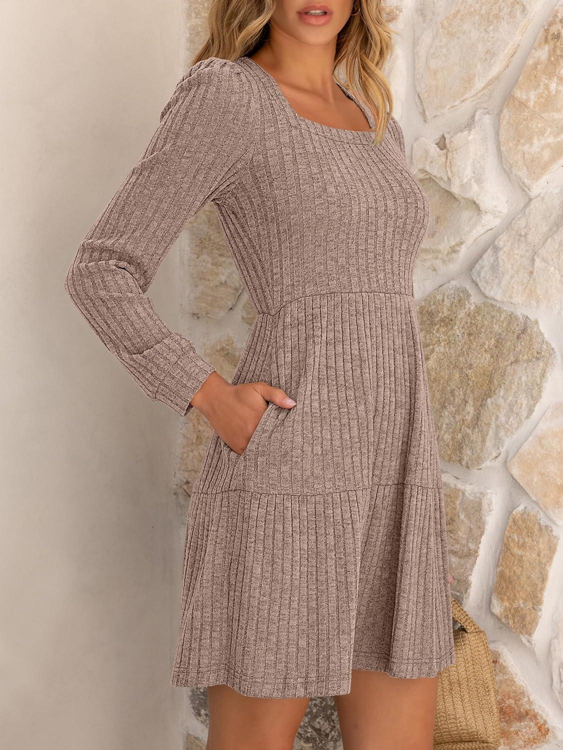 imageANRABESS Womens Long Sleeve Fall Dress 2025 Square Neck Casual Ribbed Knit Comfy Soft Short Sweater Dresses with PocketsTan