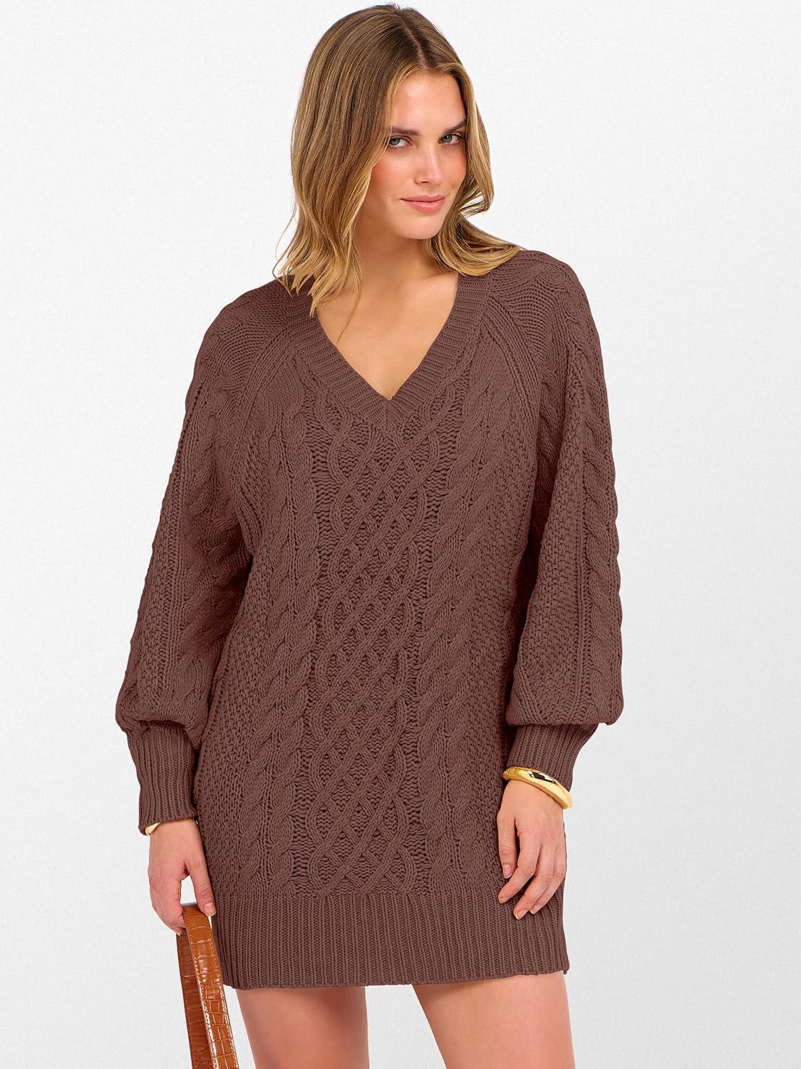 imageANRABESS Womens Long Sleeve V Neck Oversized Cable Knit Mini Sweater Dresses 2025 Winter Fall Trendy Pullover Tunic OutfitsBrown