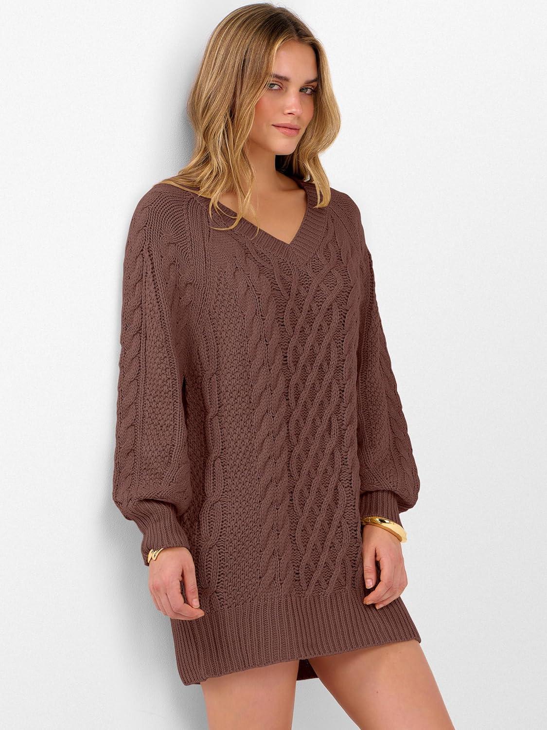 imageANRABESS Womens Long Sleeve V Neck Oversized Cable Knit Mini Sweater Dresses 2025 Winter Fall Trendy Pullover Tunic OutfitsBrown