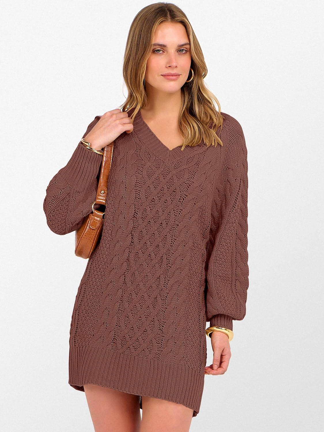 imageANRABESS Womens Long Sleeve V Neck Oversized Cable Knit Mini Sweater Dresses 2025 Winter Fall Trendy Pullover Tunic OutfitsBrown