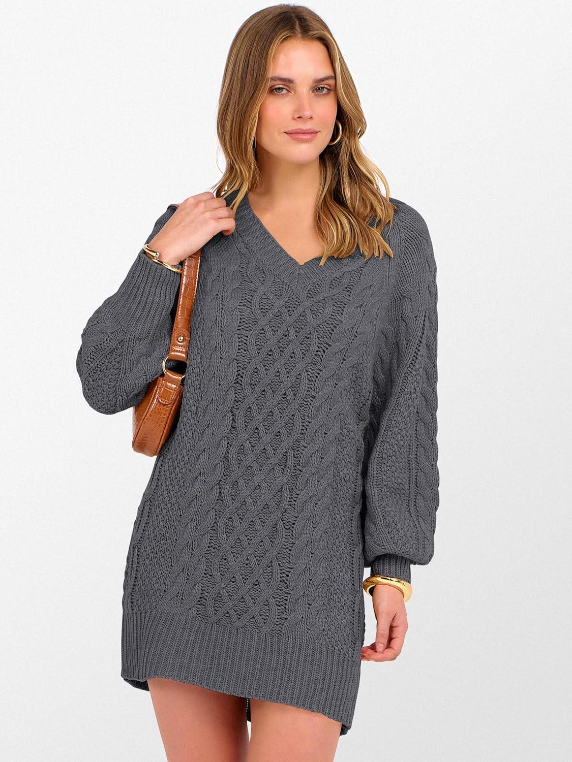 imageANRABESS Womens Long Sleeve V Neck Oversized Cable Knit Mini Sweater Dresses 2025 Winter Fall Trendy Pullover Tunic OutfitsDeep Grey