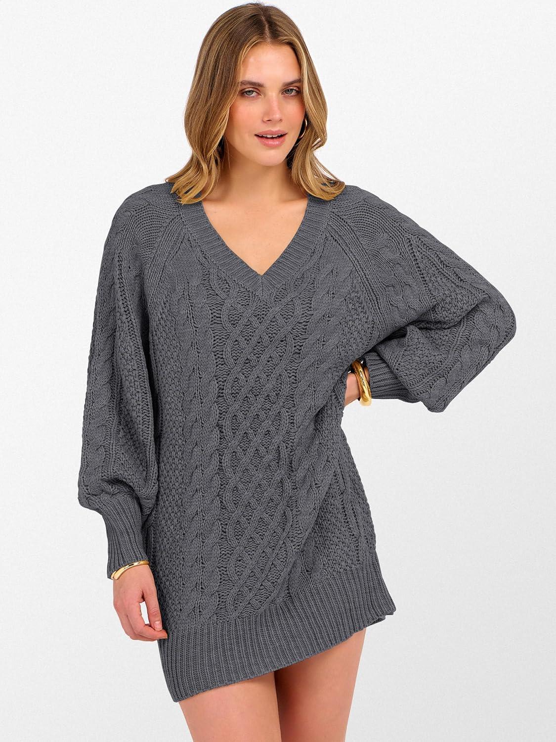 imageANRABESS Womens Long Sleeve V Neck Oversized Cable Knit Mini Sweater Dresses 2025 Winter Fall Trendy Pullover Tunic OutfitsDeep Grey