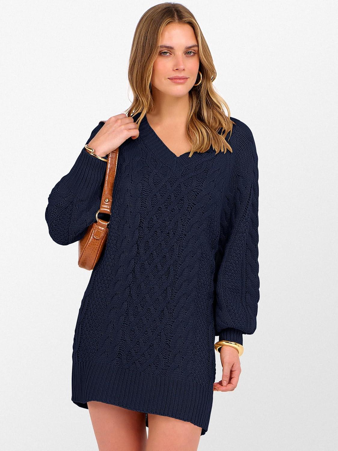 imageANRABESS Womens Long Sleeve V Neck Oversized Cable Knit Mini Sweater Dresses 2025 Winter Fall Trendy Pullover Tunic OutfitsNavy Blue
