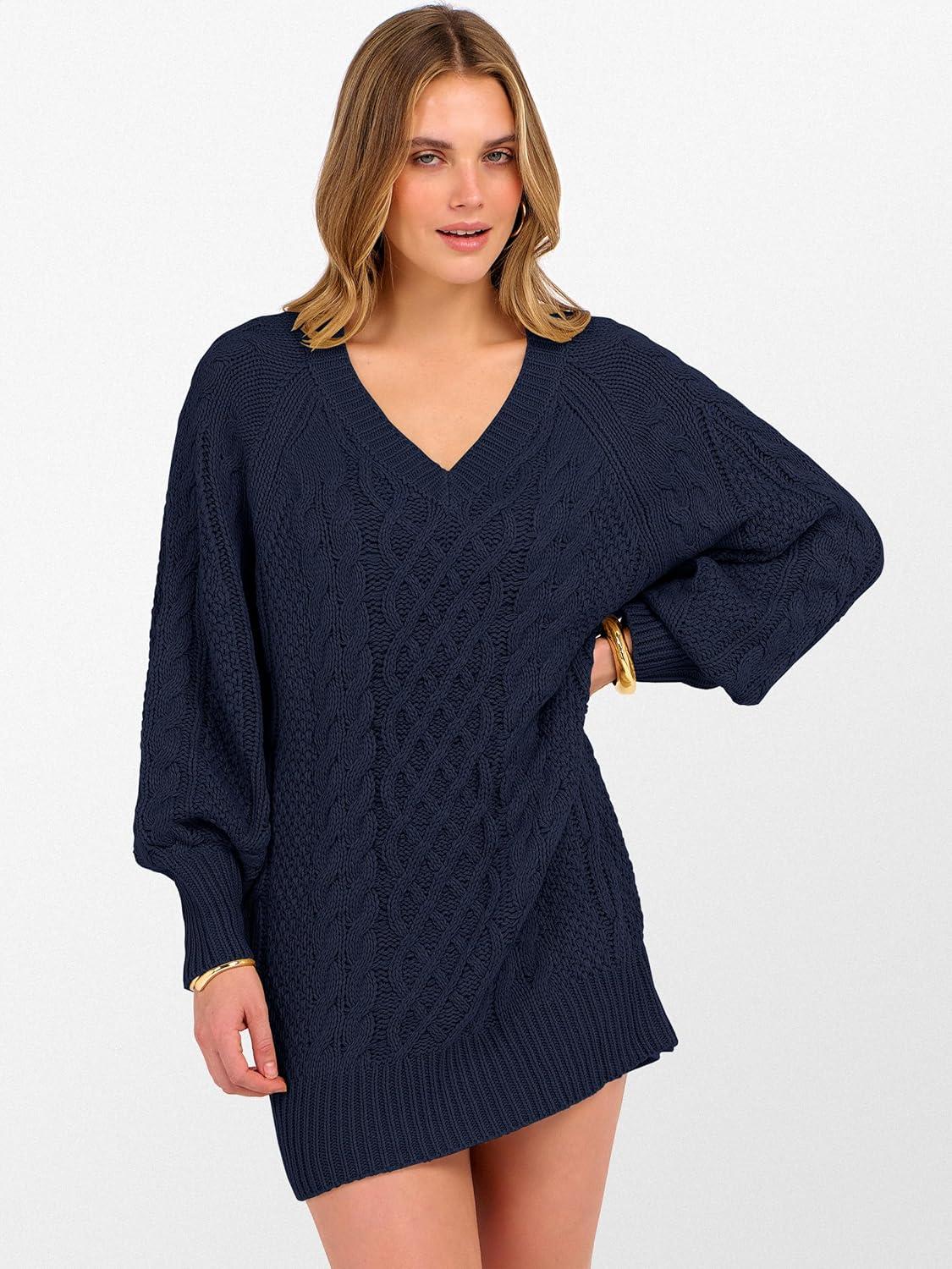imageANRABESS Womens Long Sleeve V Neck Oversized Cable Knit Mini Sweater Dresses 2025 Winter Fall Trendy Pullover Tunic OutfitsNavy Blue