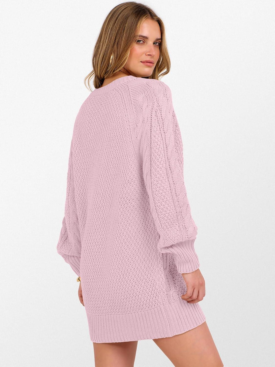 imageANRABESS Womens Long Sleeve V Neck Oversized Cable Knit Mini Sweater Dresses 2025 Winter Fall Trendy Pullover Tunic OutfitsPink