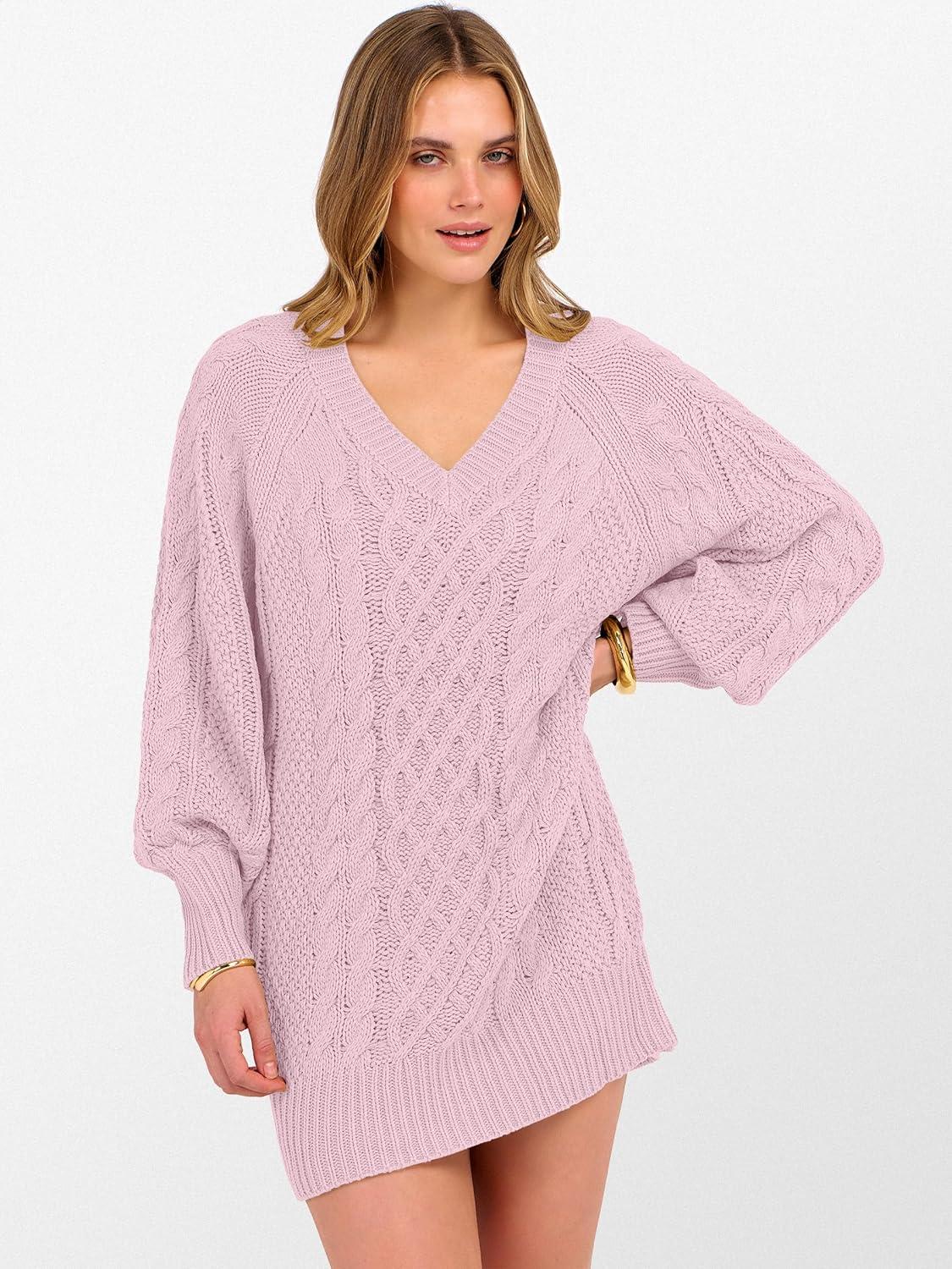 imageANRABESS Womens Long Sleeve V Neck Oversized Cable Knit Mini Sweater Dresses 2025 Winter Fall Trendy Pullover Tunic OutfitsPink