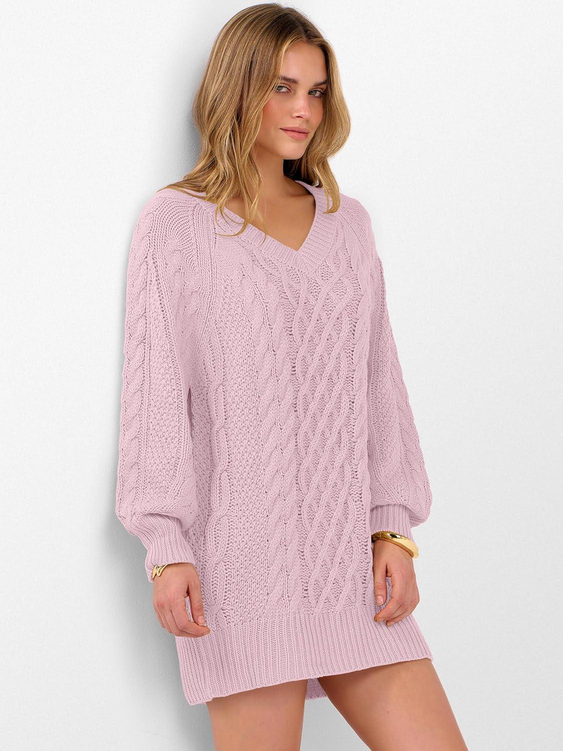 imageANRABESS Womens Long Sleeve V Neck Oversized Cable Knit Mini Sweater Dresses 2025 Winter Fall Trendy Pullover Tunic OutfitsPink