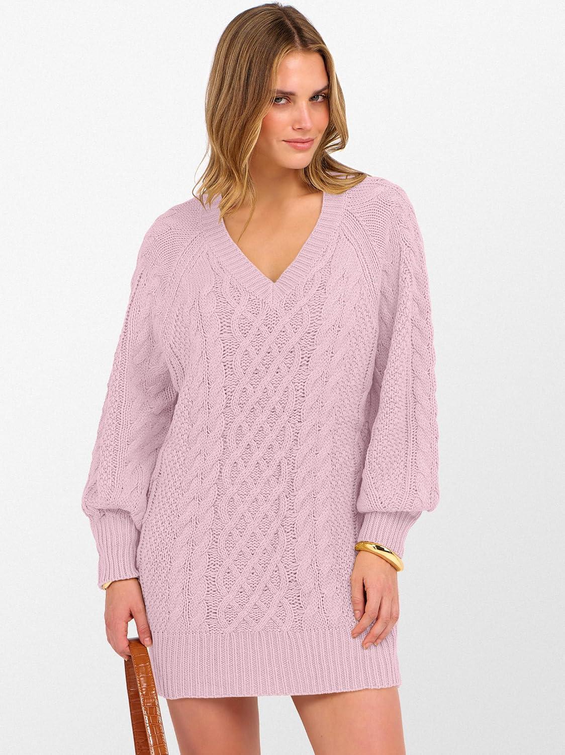 imageANRABESS Womens Long Sleeve V Neck Oversized Cable Knit Mini Sweater Dresses 2025 Winter Fall Trendy Pullover Tunic OutfitsPink