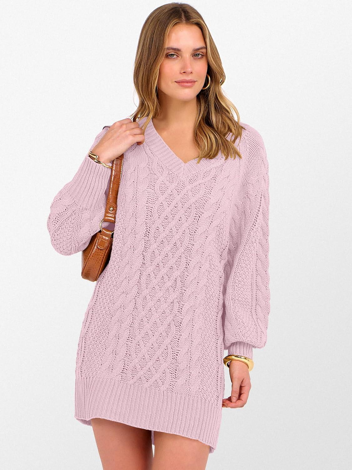 imageANRABESS Womens Long Sleeve V Neck Oversized Cable Knit Mini Sweater Dresses 2025 Winter Fall Trendy Pullover Tunic OutfitsPink