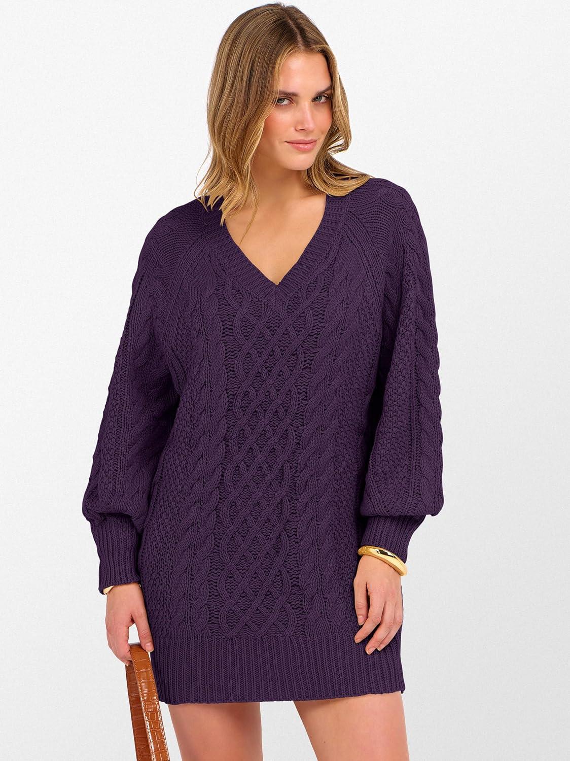 imageANRABESS Womens Long Sleeve V Neck Oversized Cable Knit Mini Sweater Dresses 2025 Winter Fall Trendy Pullover Tunic OutfitsPurple