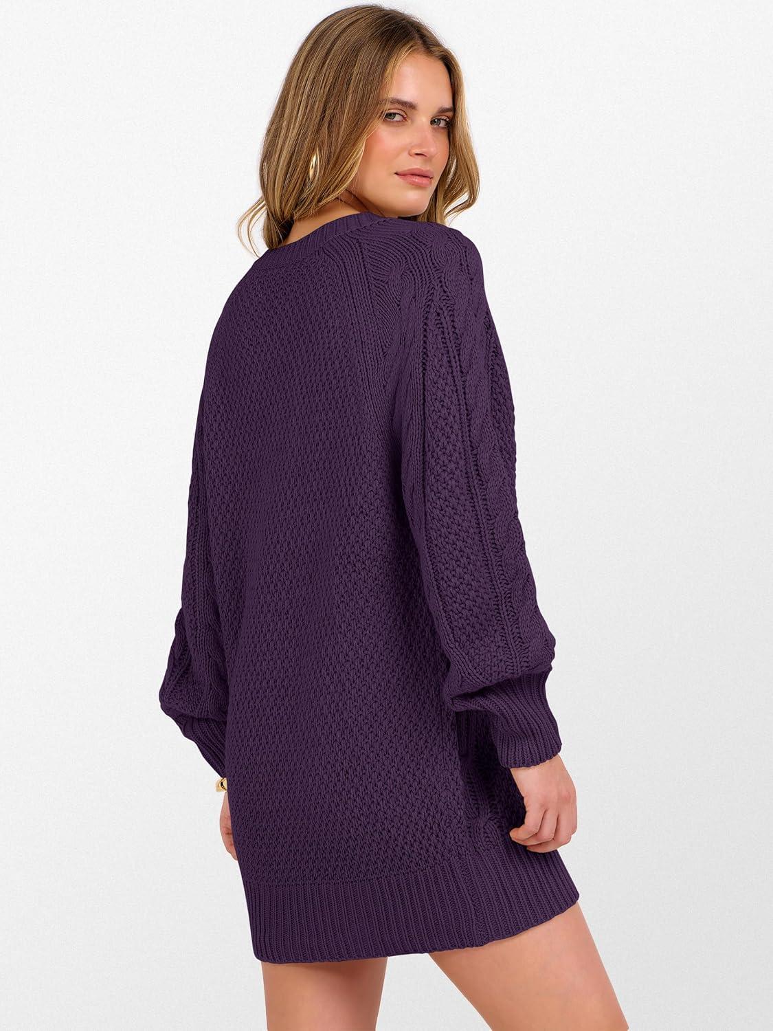 imageANRABESS Womens Long Sleeve V Neck Oversized Cable Knit Mini Sweater Dresses 2025 Winter Fall Trendy Pullover Tunic OutfitsPurple