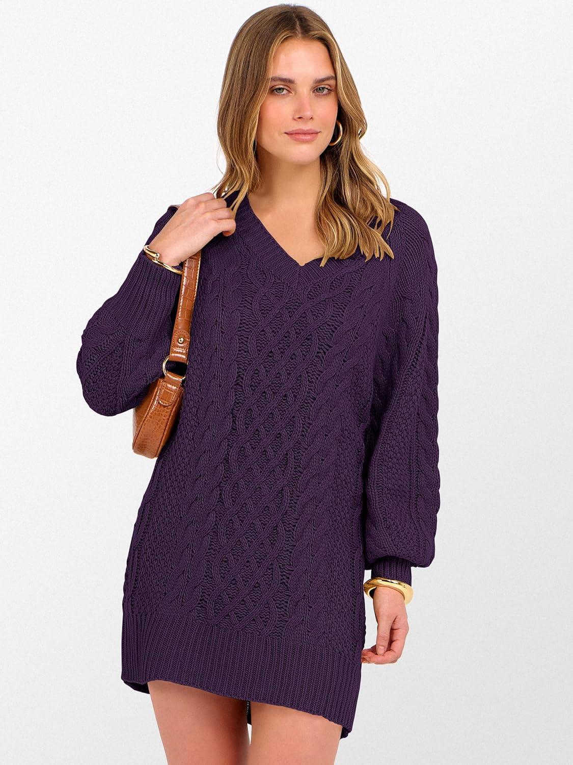 imageANRABESS Womens Long Sleeve V Neck Oversized Cable Knit Mini Sweater Dresses 2025 Winter Fall Trendy Pullover Tunic OutfitsPurple