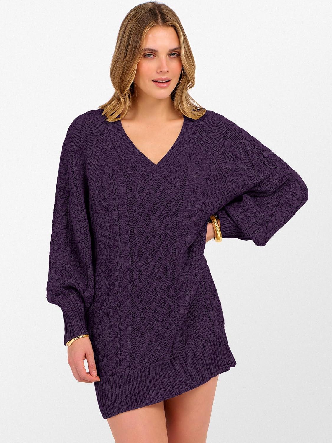 imageANRABESS Womens Long Sleeve V Neck Oversized Cable Knit Mini Sweater Dresses 2025 Winter Fall Trendy Pullover Tunic OutfitsPurple