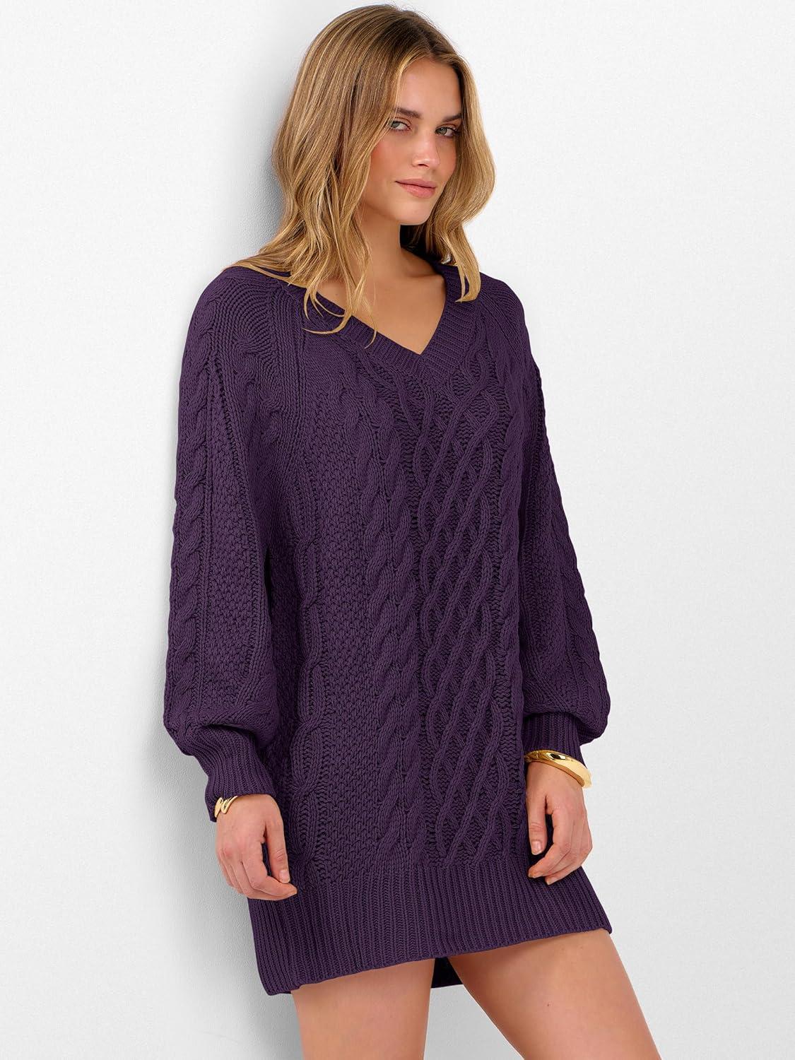 imageANRABESS Womens Long Sleeve V Neck Oversized Cable Knit Mini Sweater Dresses 2025 Winter Fall Trendy Pullover Tunic OutfitsPurple