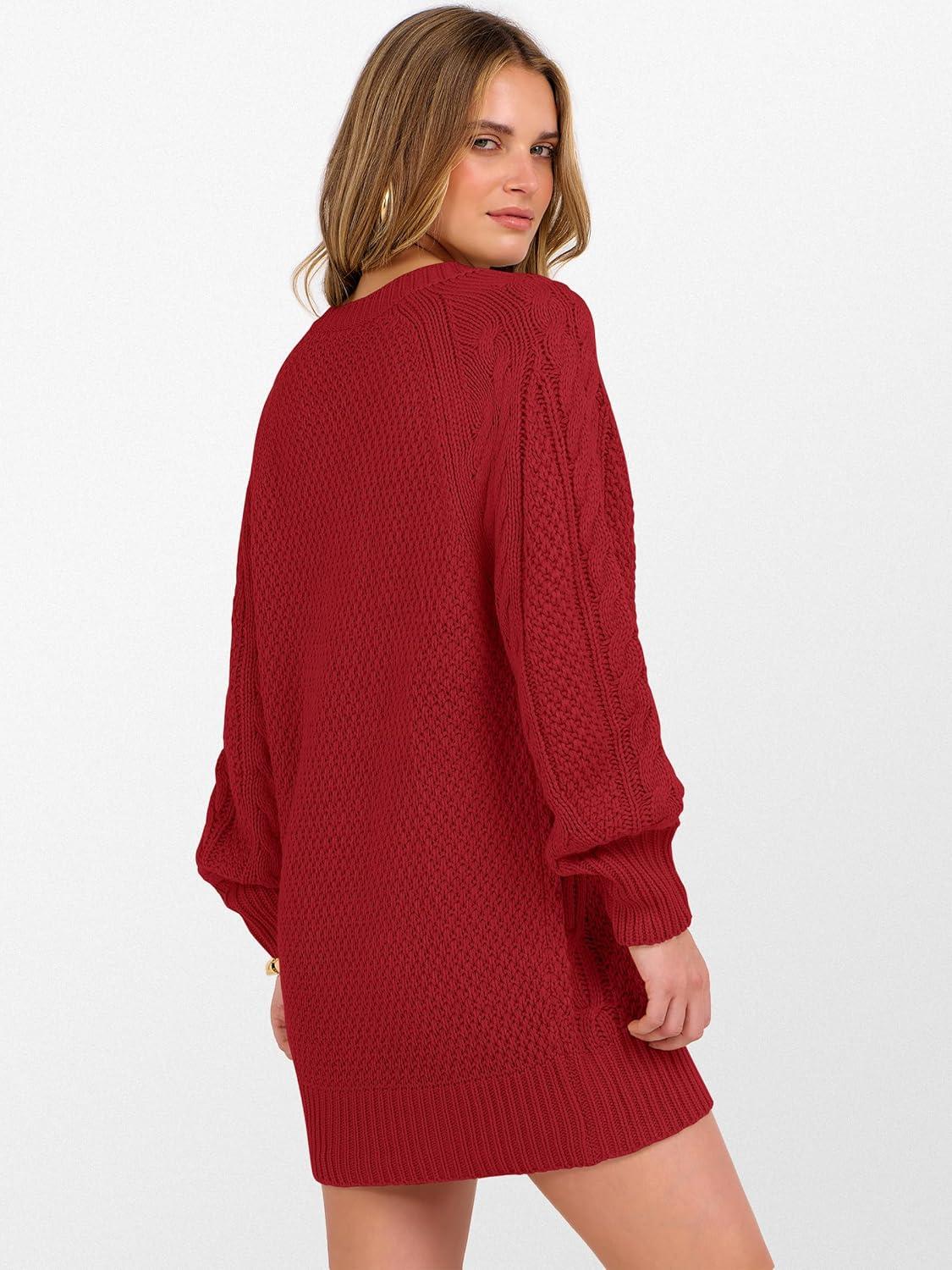 imageANRABESS Womens Long Sleeve V Neck Oversized Cable Knit Mini Sweater Dresses 2025 Winter Fall Trendy Pullover Tunic OutfitsRed