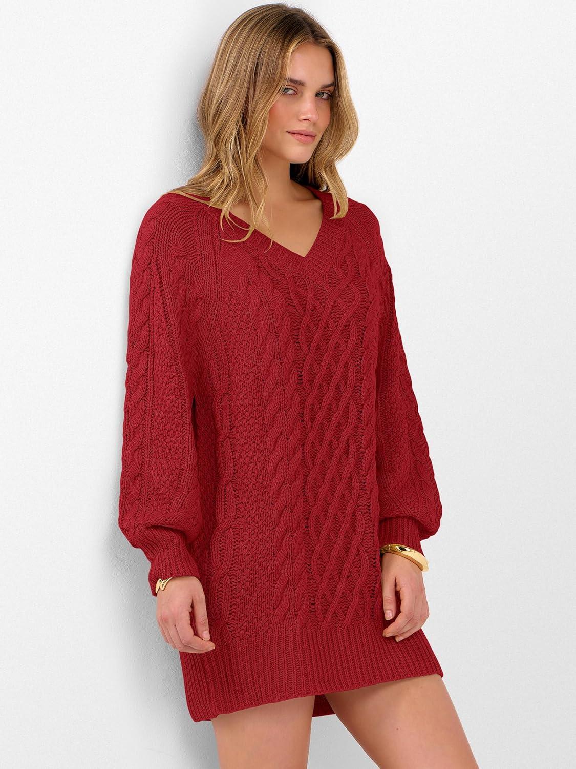 imageANRABESS Womens Long Sleeve V Neck Oversized Cable Knit Mini Sweater Dresses 2025 Winter Fall Trendy Pullover Tunic OutfitsRed