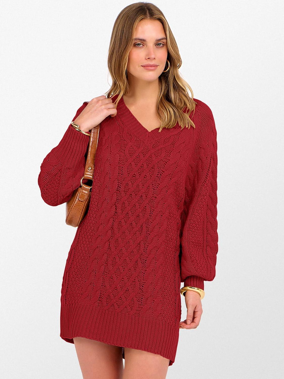 imageANRABESS Womens Long Sleeve V Neck Oversized Cable Knit Mini Sweater Dresses 2025 Winter Fall Trendy Pullover Tunic OutfitsRed