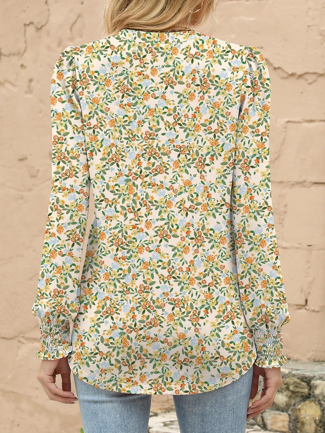 imageANRABESS Womens Puff Long Sleeve Shirts Dressy Casual Blouses 2025 Fall V Neck Loose Fit Floral Business Work Tunic Tops Orange Yellow Floral Small