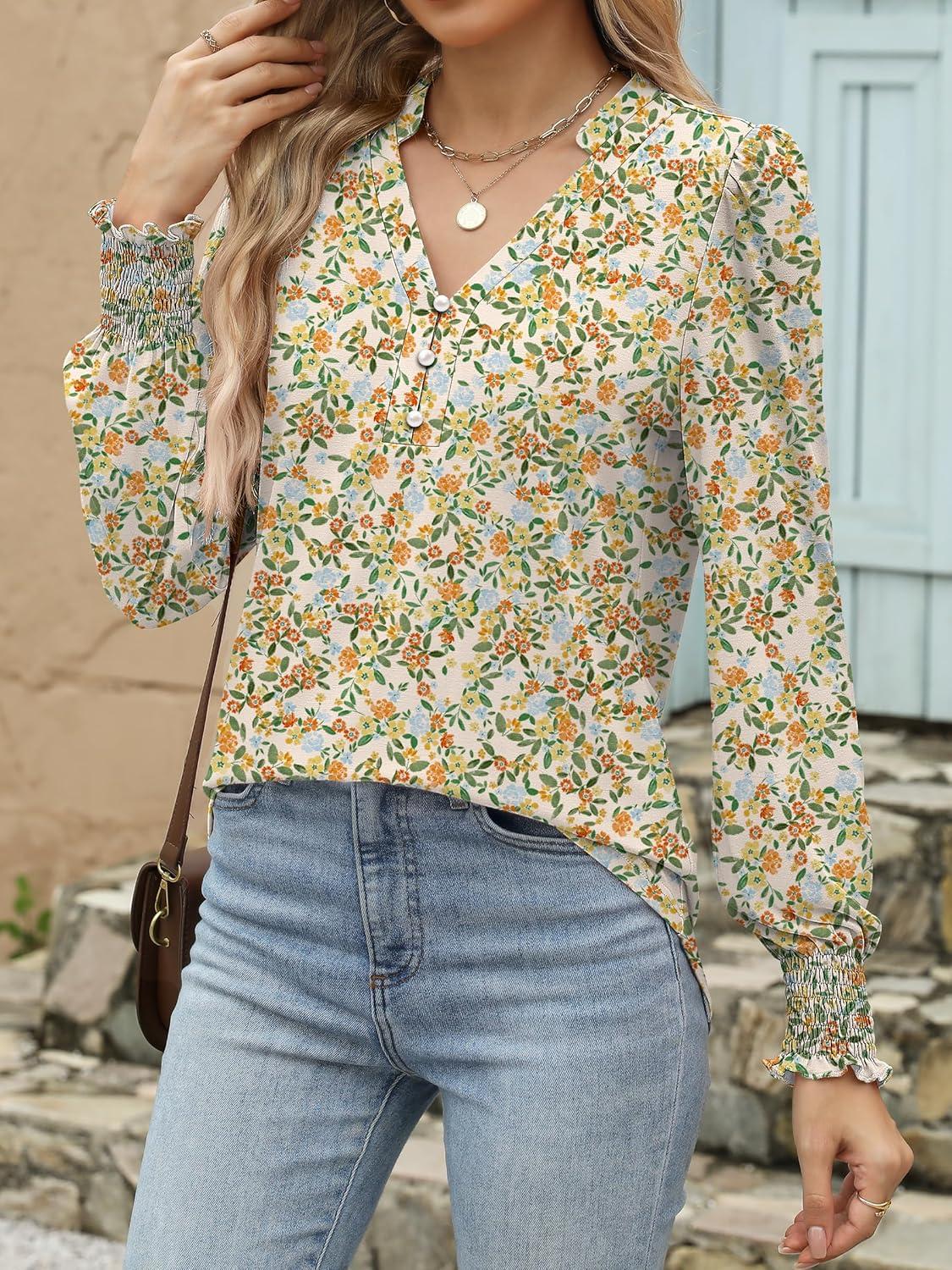 imageANRABESS Womens Puff Long Sleeve Shirts Dressy Casual Blouses 2025 Fall V Neck Loose Fit Floral Business Work Tunic Tops Orange Yellow Floral Small