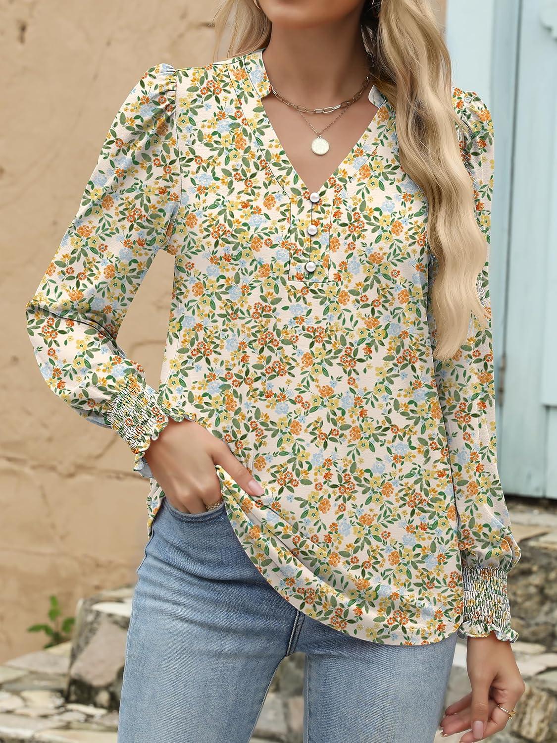 imageANRABESS Womens Puff Long Sleeve Shirts Dressy Casual Blouses 2025 Fall V Neck Loose Fit Floral Business Work Tunic Tops Orange Yellow Floral Small