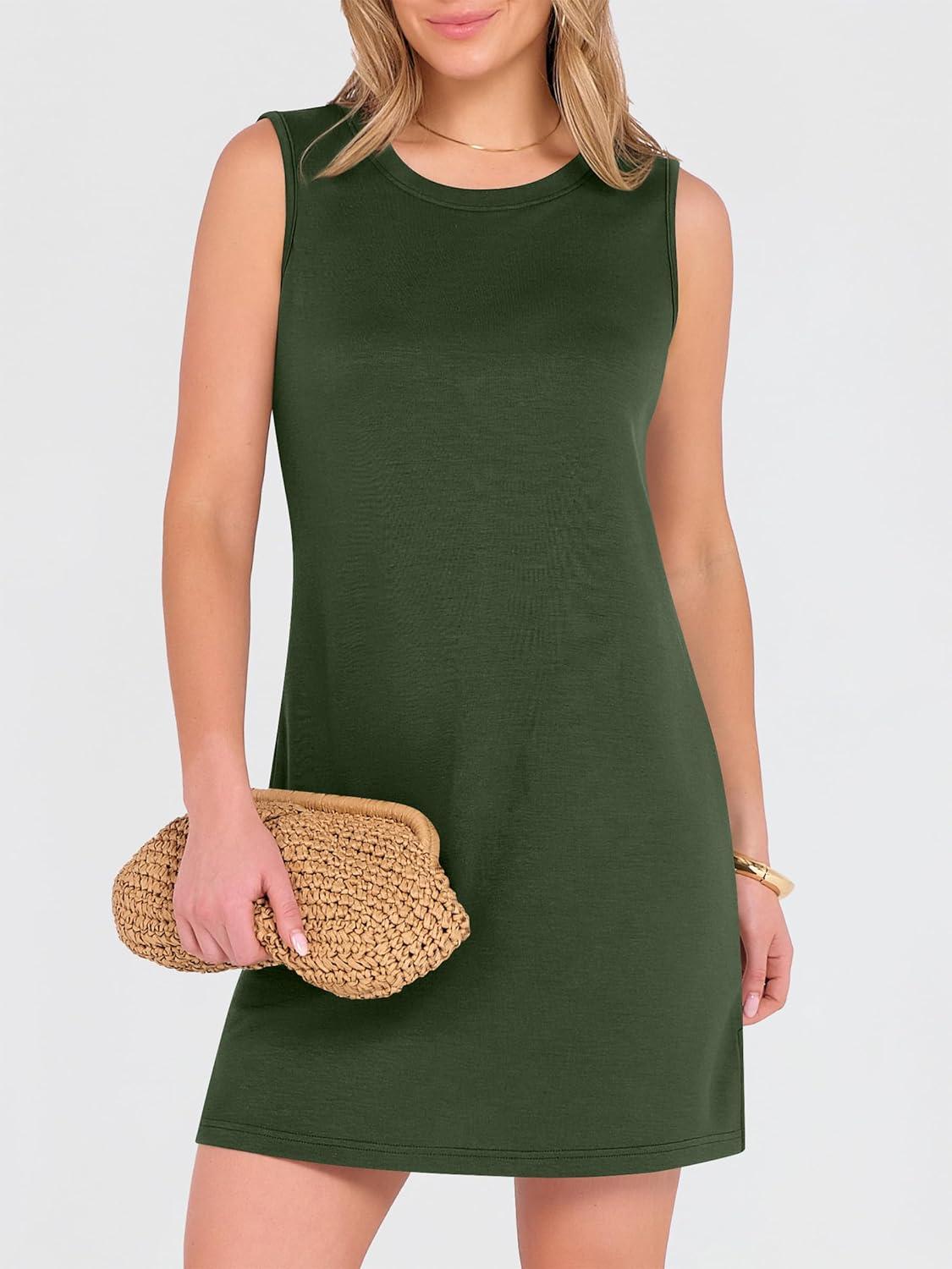 imageANRABESS Womens Summer Casual Mini Dresses 2026 Sleeveless Crewneck Split WrinkleFree Beach Travel Vacation Short SundressArmy Green
