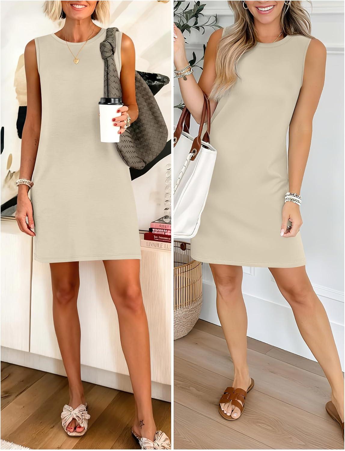 imageANRABESS Womens Summer Casual Mini Dresses 2026 Sleeveless Crewneck Split WrinkleFree Beach Travel Vacation Short SundressBeige