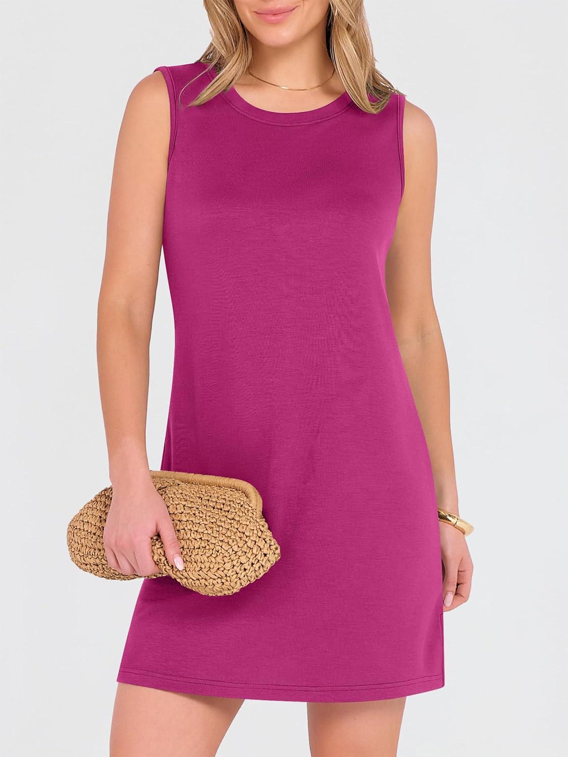 imageANRABESS Womens Summer Casual Mini Dresses 2026 Sleeveless Crewneck Split WrinkleFree Beach Travel Vacation Short SundressHot Pink