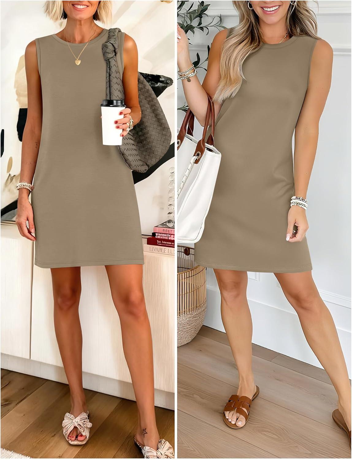 imageANRABESS Womens Summer Casual Mini Dresses 2026 Sleeveless Crewneck Split WrinkleFree Beach Travel Vacation Short SundressLight Brown