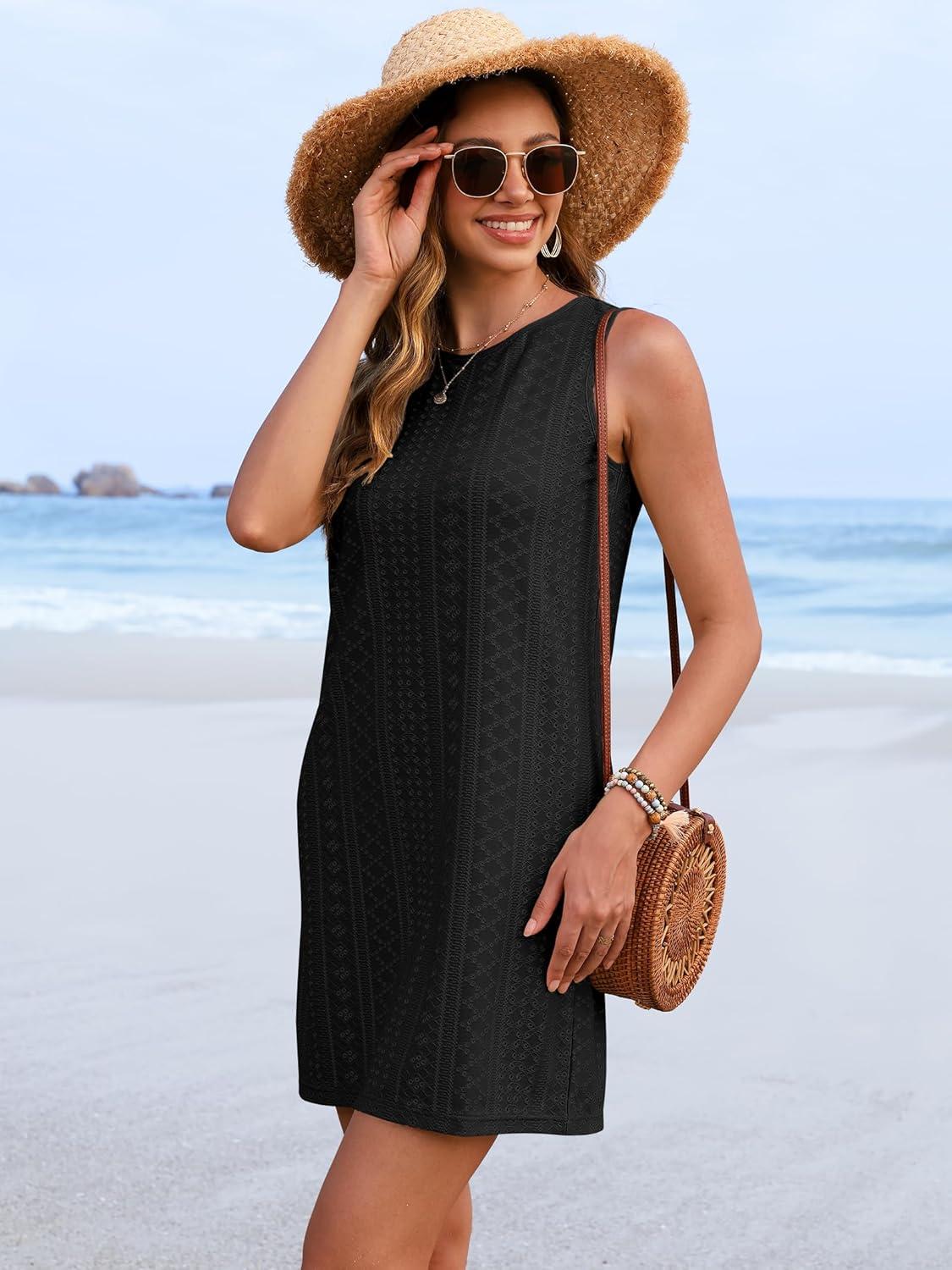 imageANRABESS Womens Swimsuit Cover Up 2026 Summer Eyelet Sleeveless Beach Dresses Swimwear Bathing Suit Coverup Vacation ClothesBlack