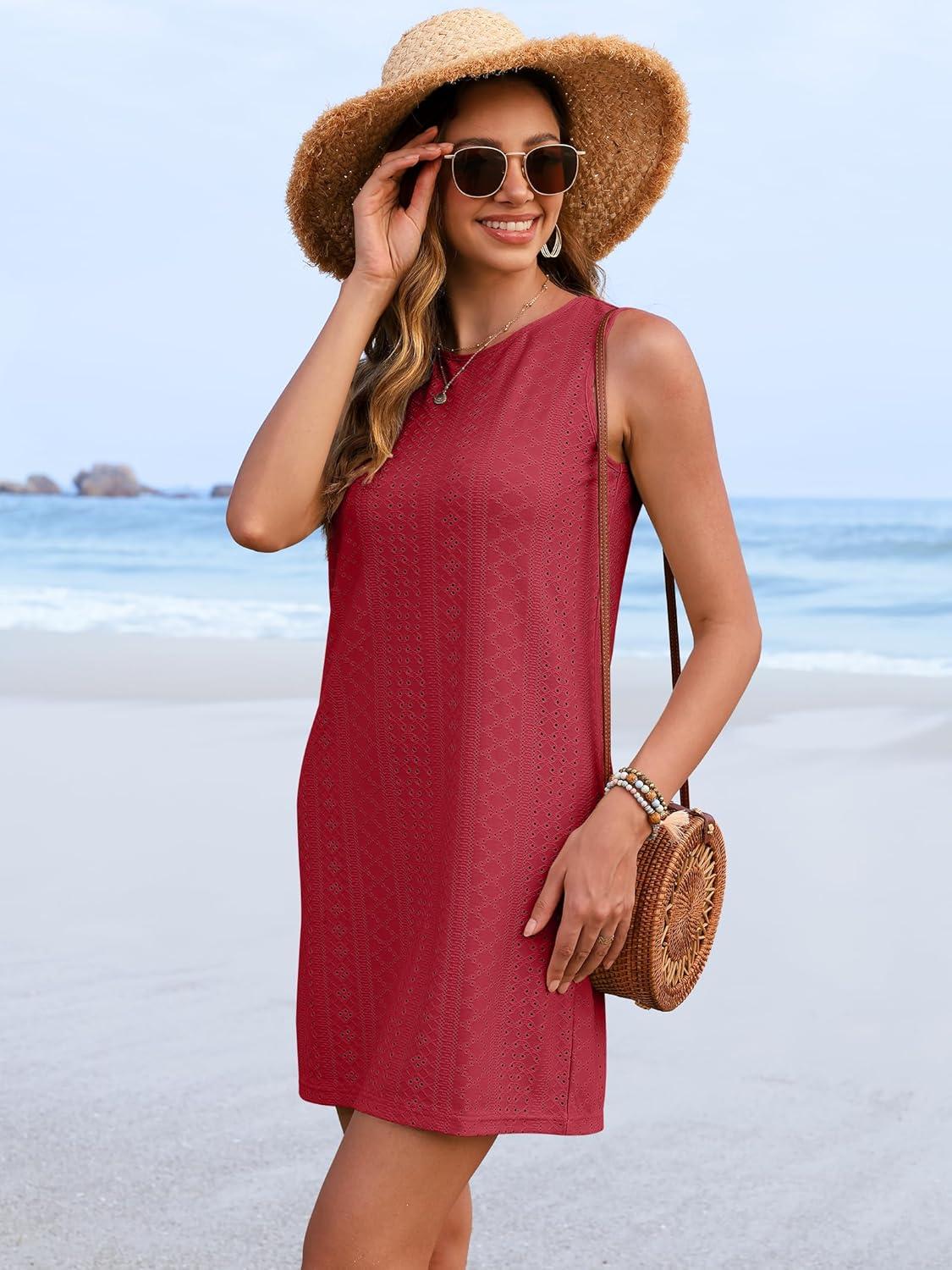 imageANRABESS Womens Swimsuit Cover Up 2026 Summer Eyelet Sleeveless Beach Dresses Swimwear Bathing Suit Coverup Vacation ClothesRed