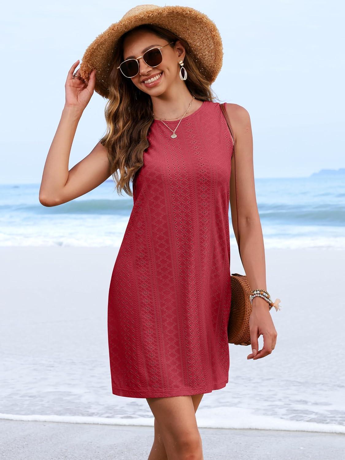 imageANRABESS Womens Swimsuit Cover Up 2026 Summer Eyelet Sleeveless Beach Dresses Swimwear Bathing Suit Coverup Vacation ClothesRed