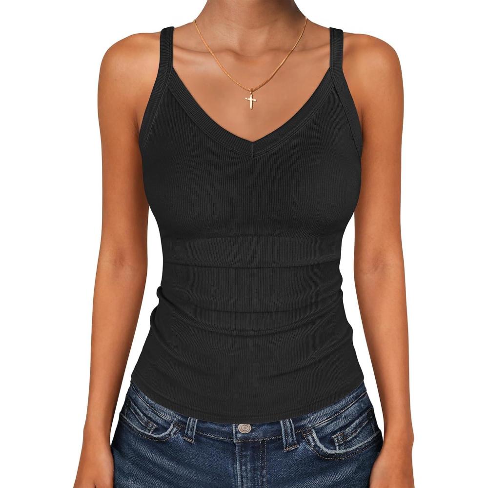 imageANRABESS V Neck Tank Tops for Women Ribbed Knit Camisole 2026 Summer Casual Sleeveless Slim Fitted Basic Cami Shirts ClothesBlack