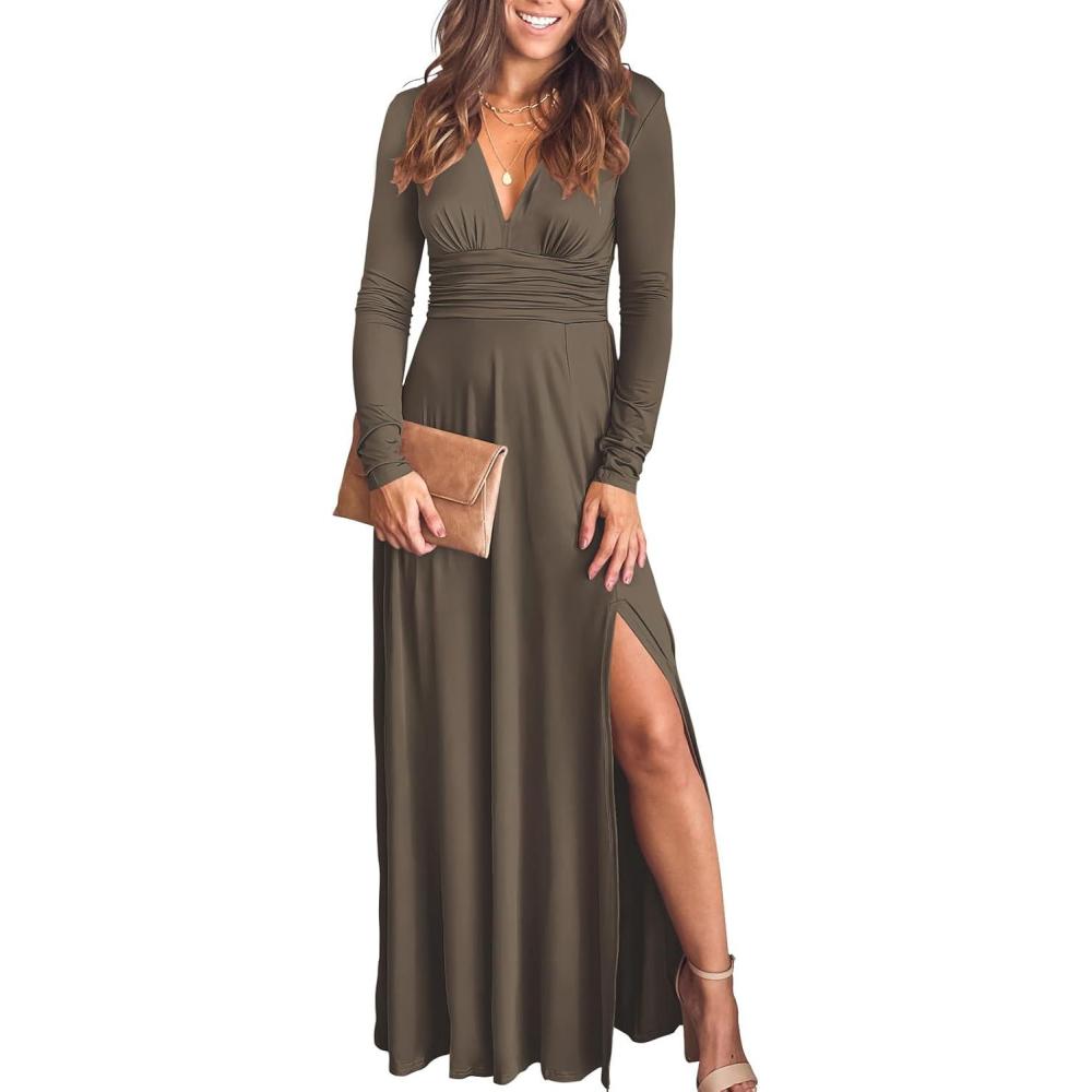 imageANRABESS Women Summer Deep V Neck Short Sleeve Dresses Slit Elegant Wedding Guest Formal Cocktail Evening Maxi Long DressZlong Sleeve Brown