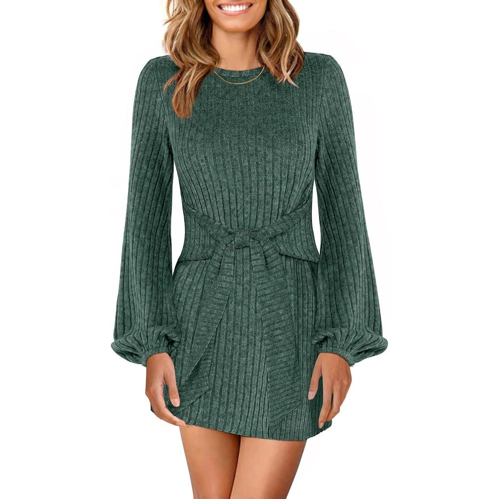 imageANRABESS Womens 2025 Fall Dress Long Lantern Sleeve Ribbed Knit Casual Tie Waist Lightweight Mini Sweater DressGreen