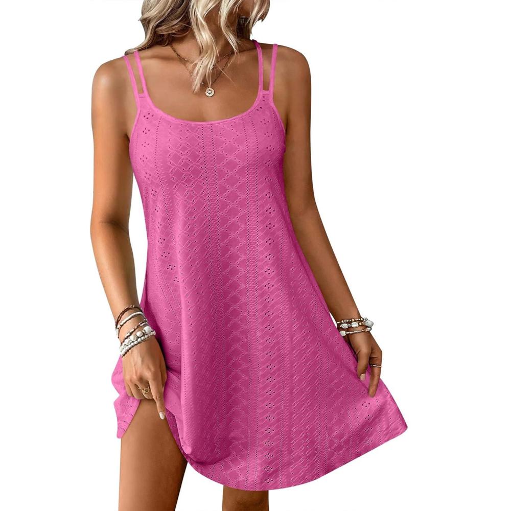 imageANRABESS Womens Cover Up 2026 Beach Vacation Tank Dress Eyelet Spaghetti Strap Bathing Suit Summer Swimsuits Mini SundressHot Pink