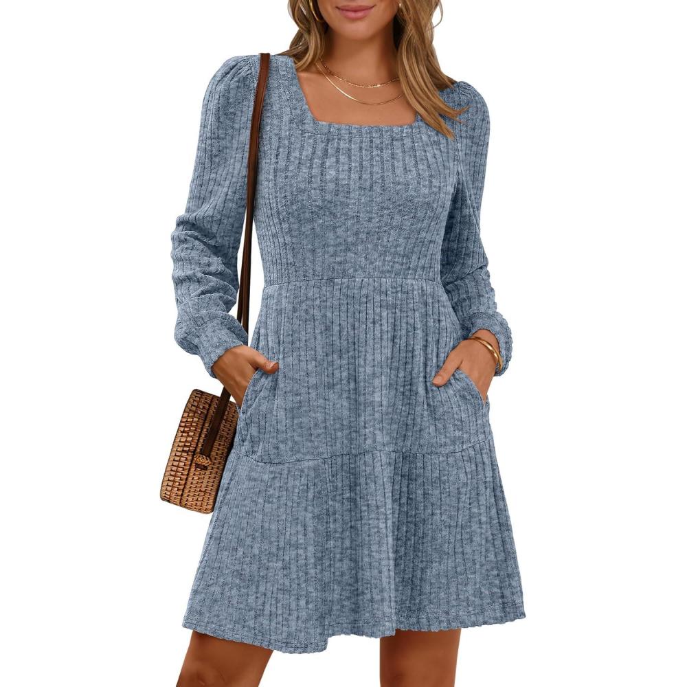 imageANRABESS Womens Long Sleeve Fall Dress 2025 Square Neck Casual Ribbed Knit Comfy Soft Short Sweater Dresses with PocketsBlue