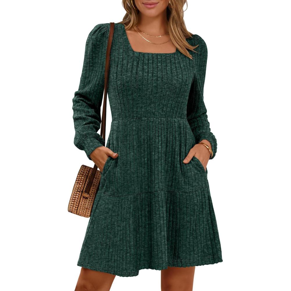 imageANRABESS Womens Long Sleeve Fall Dress 2025 Square Neck Casual Ribbed Knit Comfy Soft Short Sweater Dresses with PocketsGreen