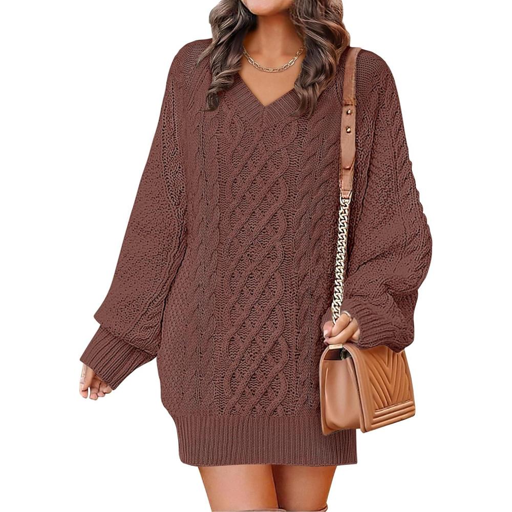 imageANRABESS Womens Long Sleeve V Neck Oversized Cable Knit Mini Sweater Dresses 2025 Winter Fall Trendy Pullover Tunic OutfitsBrown