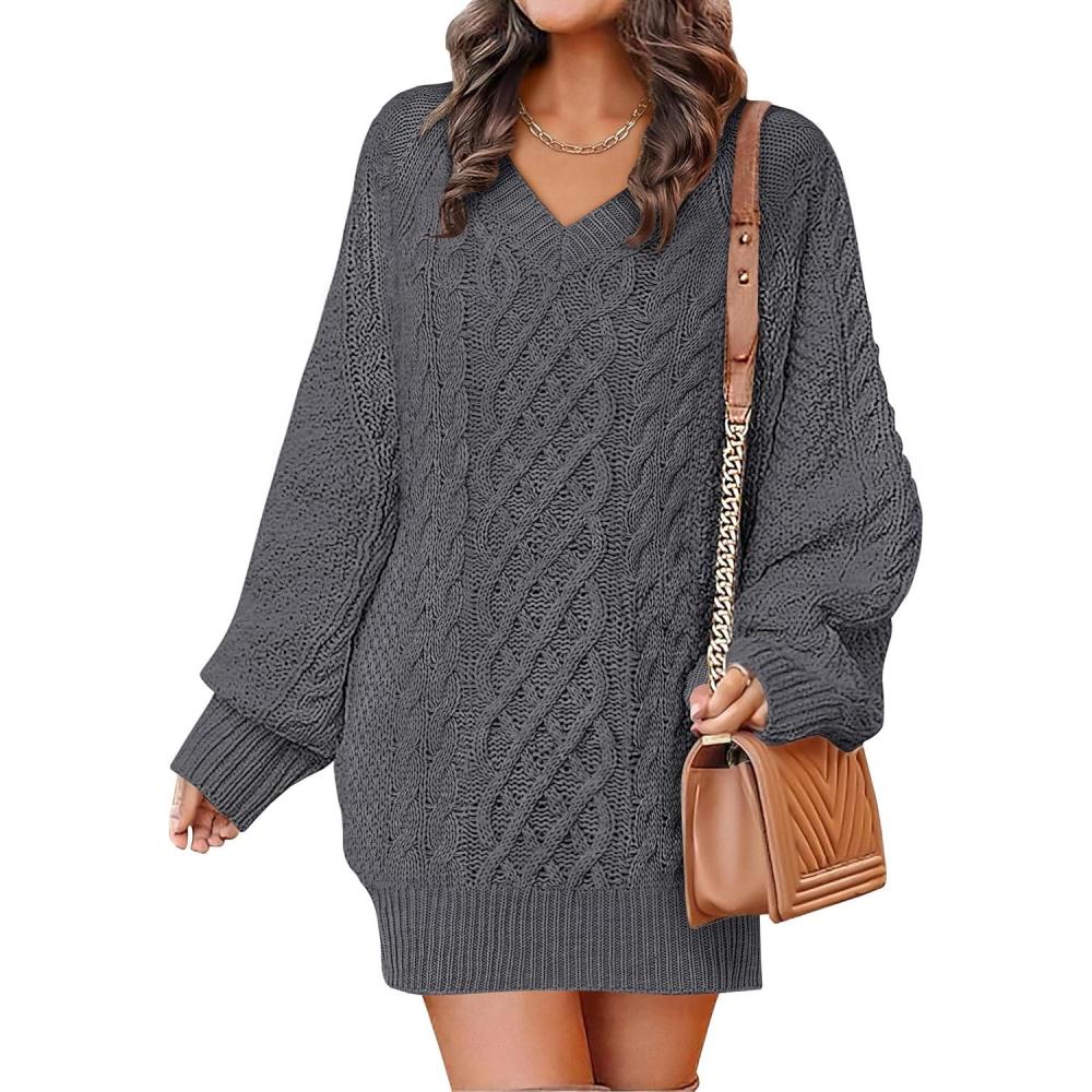 imageANRABESS Womens Long Sleeve V Neck Oversized Cable Knit Mini Sweater Dresses 2025 Winter Fall Trendy Pullover Tunic OutfitsDeep Grey