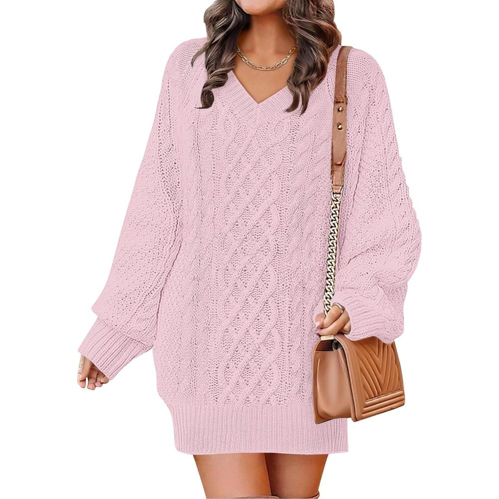 imageANRABESS Womens Long Sleeve V Neck Oversized Cable Knit Mini Sweater Dresses 2025 Winter Fall Trendy Pullover Tunic OutfitsPink