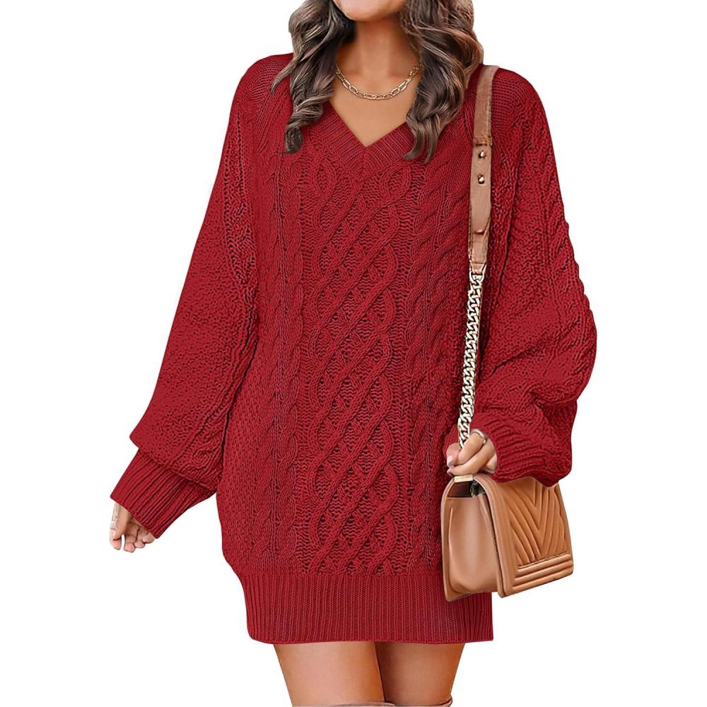 imageANRABESS Womens Long Sleeve V Neck Oversized Cable Knit Mini Sweater Dresses 2025 Winter Fall Trendy Pullover Tunic OutfitsRed