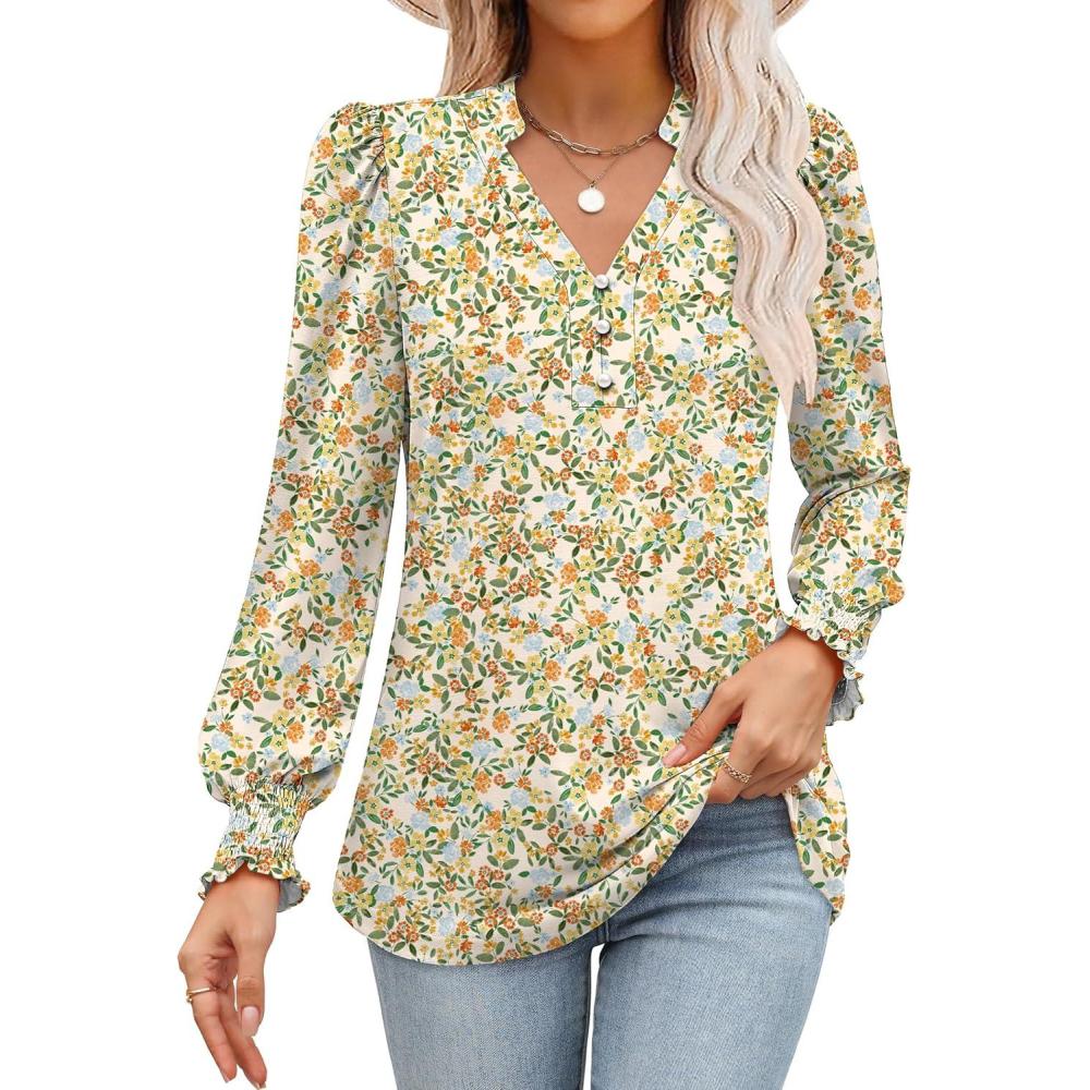 imageANRABESS Womens Puff Long Sleeve Shirts Dressy Casual Blouses 2025 Fall V Neck Loose Fit Floral Business Work Tunic Tops Orange Yellow Floral Small