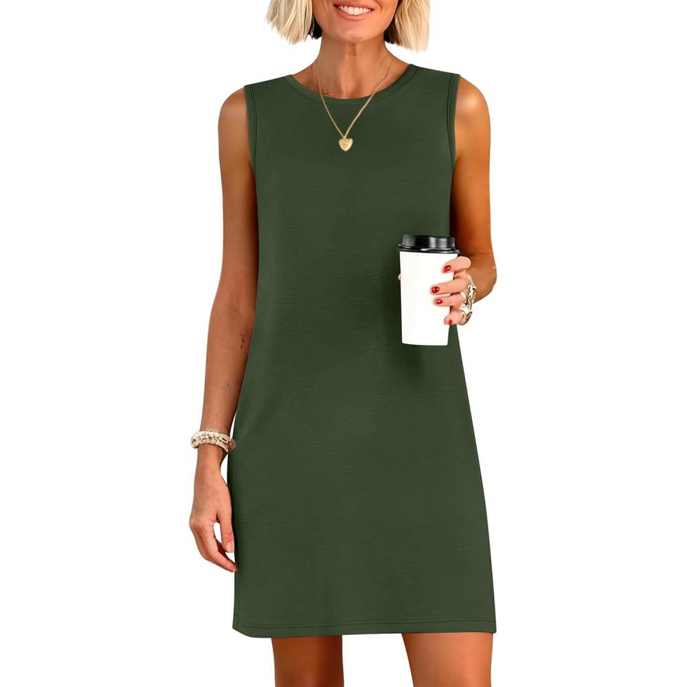 imageANRABESS Womens Summer Casual Mini Dresses 2026 Sleeveless Crewneck Split WrinkleFree Beach Travel Vacation Short SundressArmy Green
