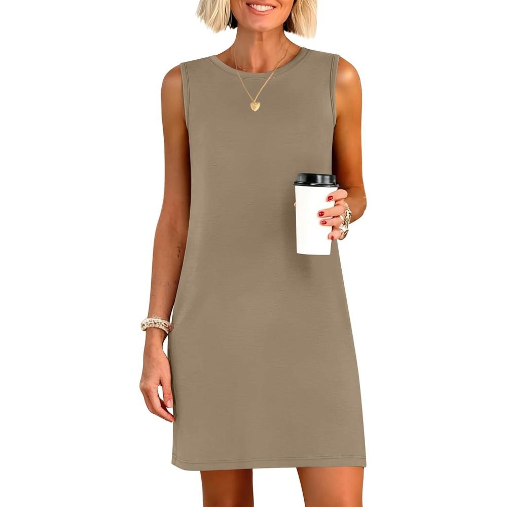 imageANRABESS Womens Summer Casual Mini Dresses 2026 Sleeveless Crewneck Split WrinkleFree Beach Travel Vacation Short SundressLight Brown
