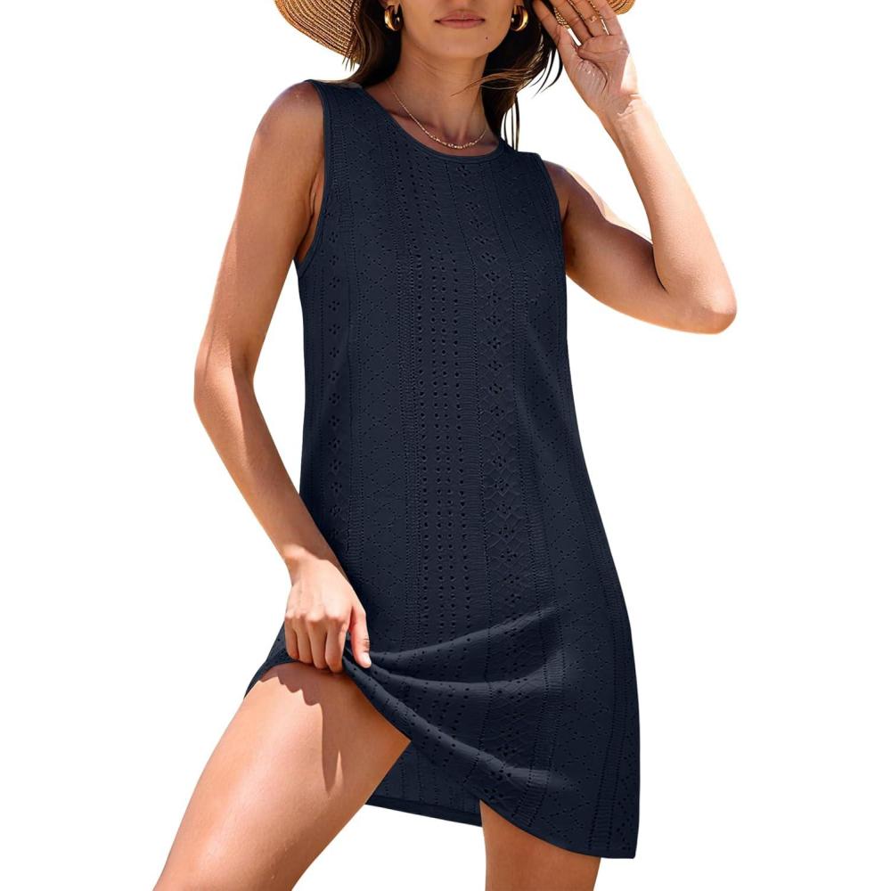 imageANRABESS Womens Swimsuit Cover Up 2026 Summer Eyelet Sleeveless Beach Dresses Swimwear Bathing Suit Coverup Vacation ClothesNavy Blue