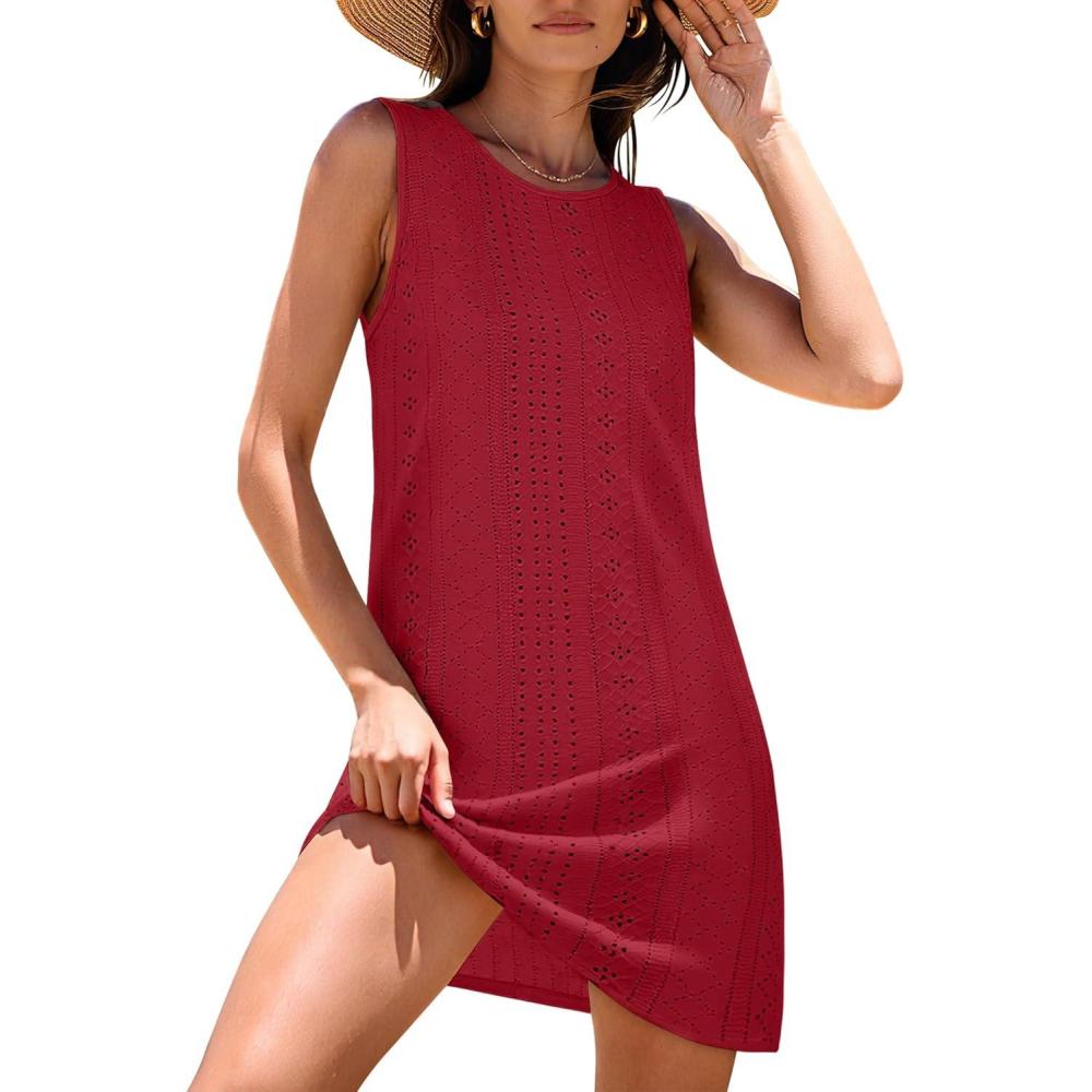 imageANRABESS Womens Swimsuit Cover Up 2026 Summer Eyelet Sleeveless Beach Dresses Swimwear Bathing Suit Coverup Vacation ClothesRed