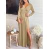 imageANRABESS Women Summer Deep V Neck Short Sleeve Dresses Slit Elegant Wedding Guest Formal Cocktail Evening Maxi Long DressZlong Sleeve Beige Apricot
